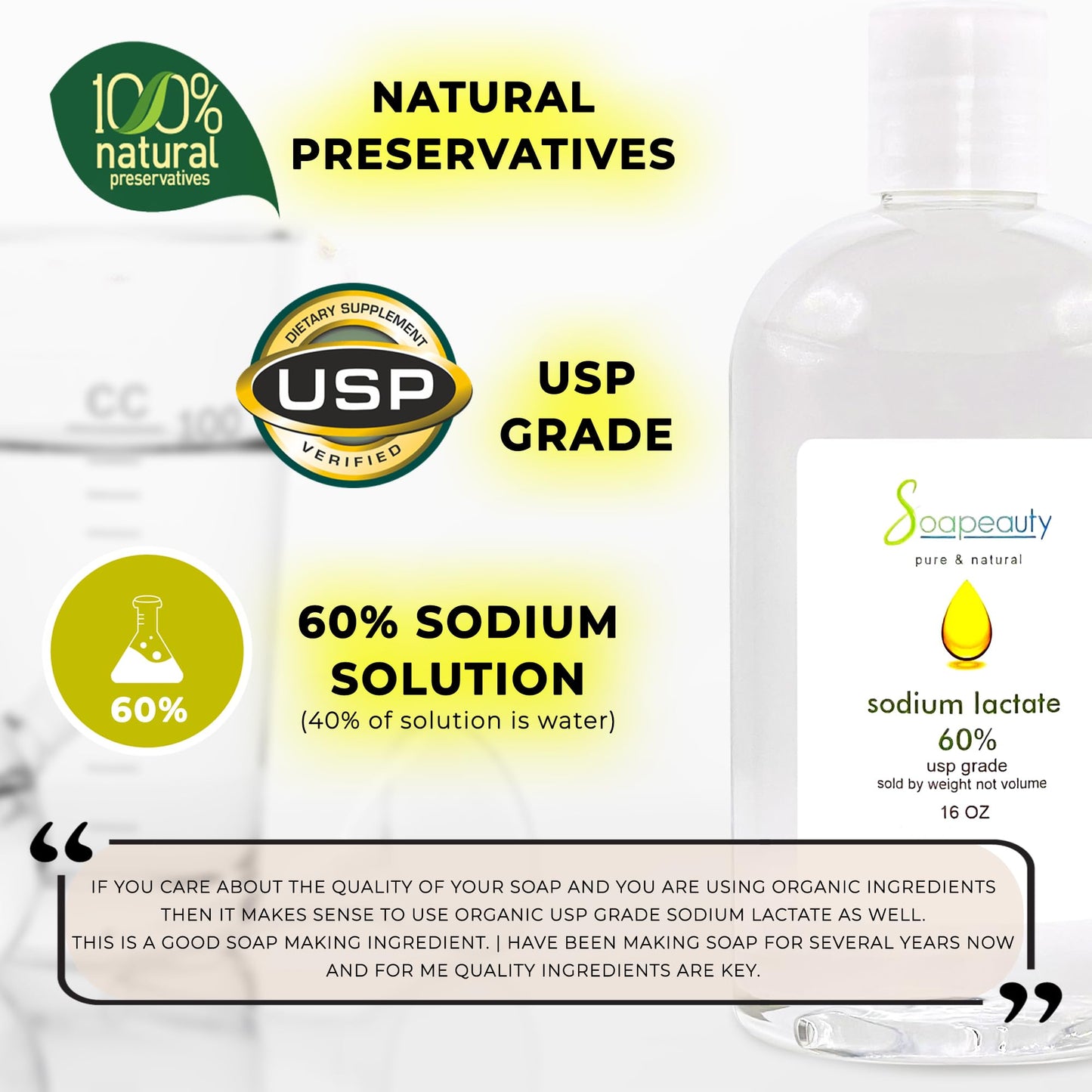 SODIUM LACTATE for Soap Making & Lotions | 60% USP Pure Natural Preservative | Harder Bar of Soap, Bigger Yield, Faster Cure Time, Provides Moisture | Beauty & Personal Care Soapeauty