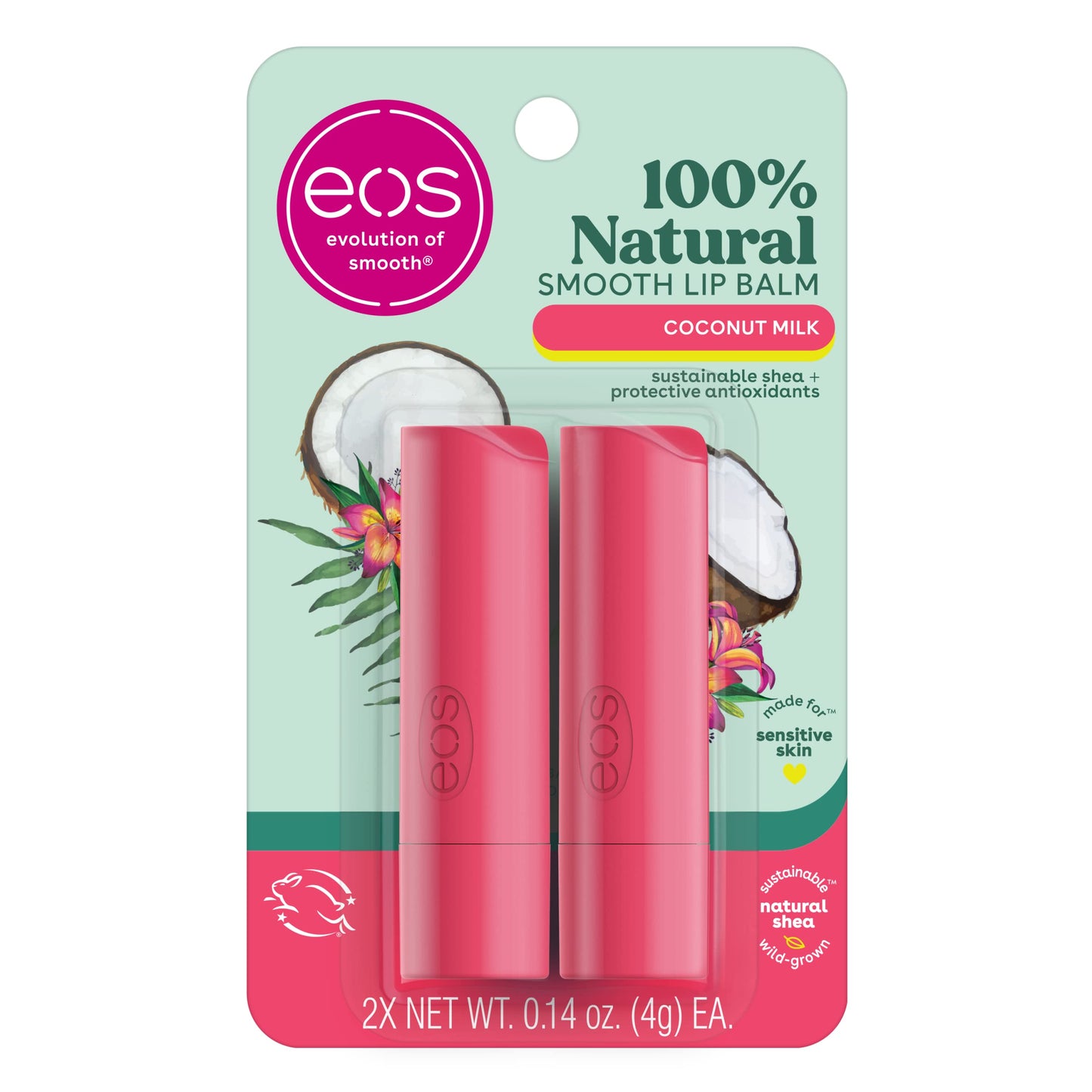 eos 100% Natural Lip Balm- Coconut Milk, eos lip balm, All-Day Moisture, Lip Care, Shea Butter, Moisturizing, Sensitive Skin,0.14 oz, 2 Pack Beauty & Personal Care eos
