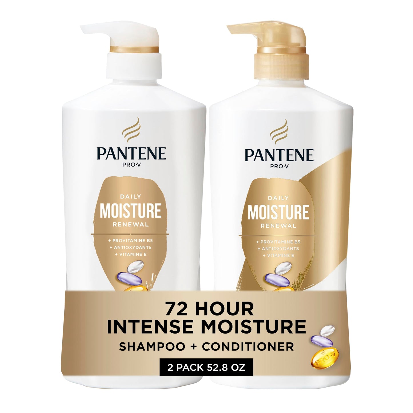Pantene Shampoo & Conditioner Set, Daily Moisture Renewal with Vitamin E - Pro-V Nutrients for Dry, Color-Treated, Straight to Curly Hair, 72-Hour Beauty & Personal Care Pantene