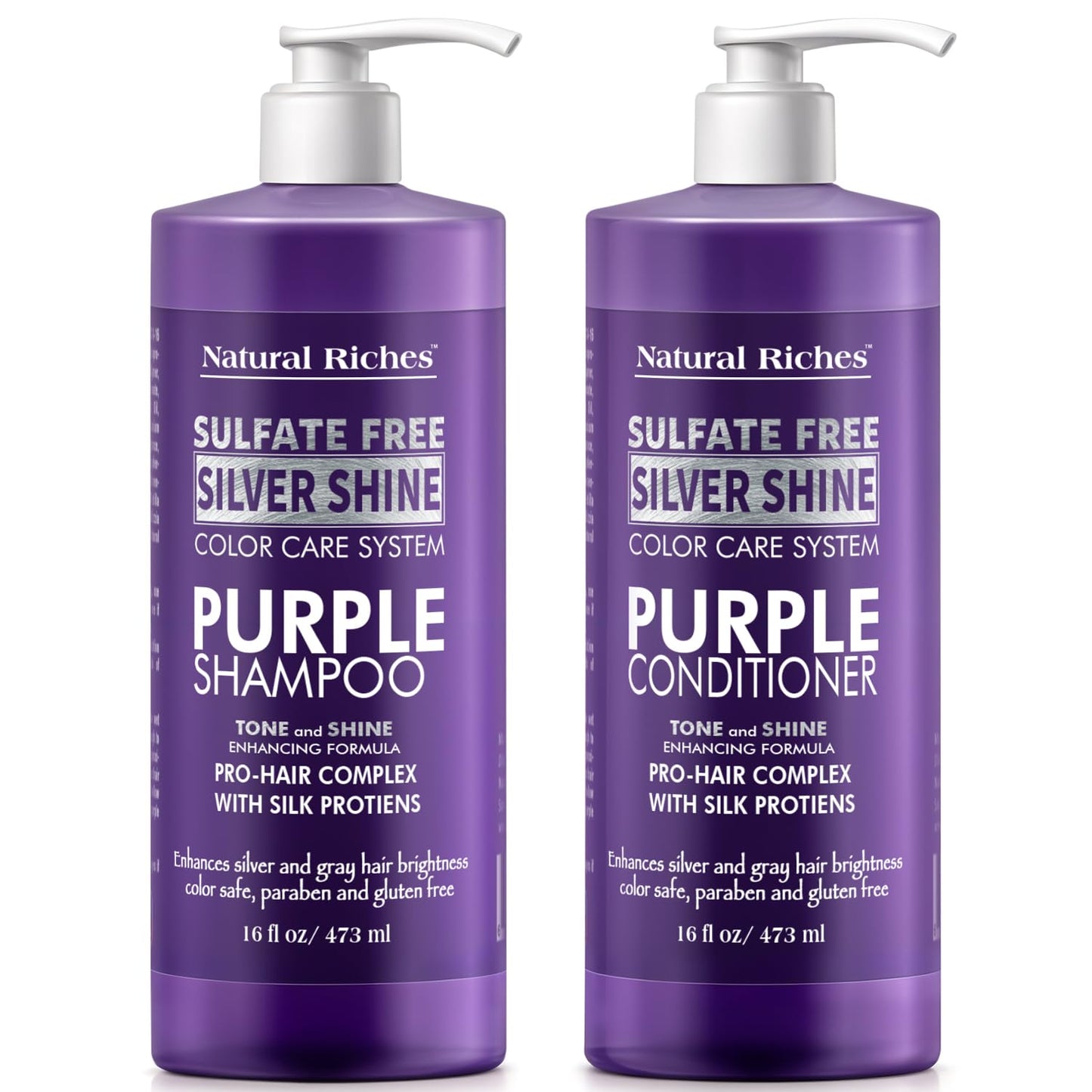 Natural Riches Radiant Silver Shine Purple Shampoo and Conditioner Set for Gray Hair - Paraben-Free and Color Safe - With Silk Proteins, Tones Dull Beauty & Personal Care Natural Riches