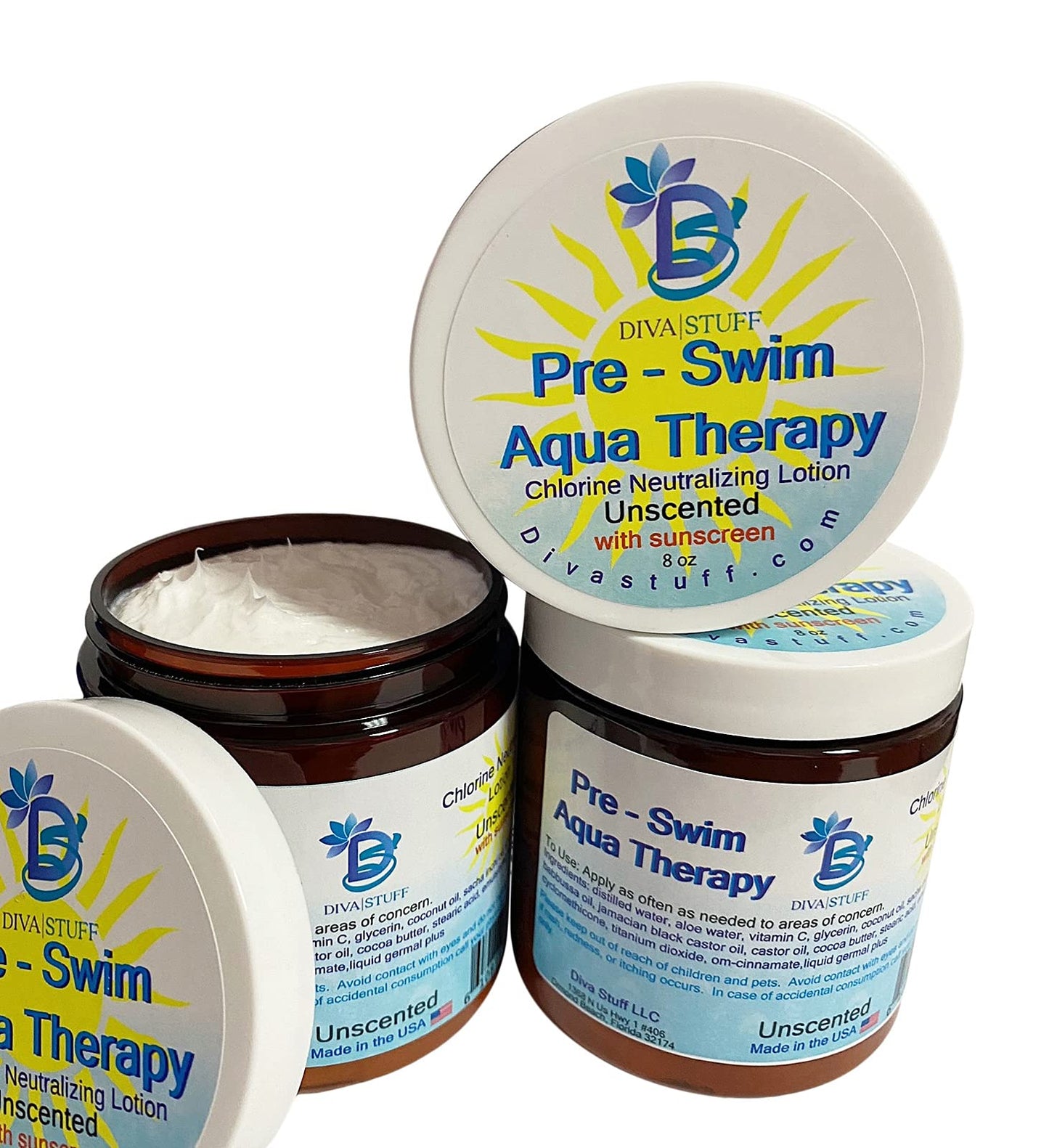 Diva Stuff Pre-Swim Aqua Therapy Chlorine Neutralizing Body Lotion, Protects Skin From Chlorine and Salt Water, 3 Pack, 8 oz - Made in the USA Beauty & Personal Care Diva Stuff