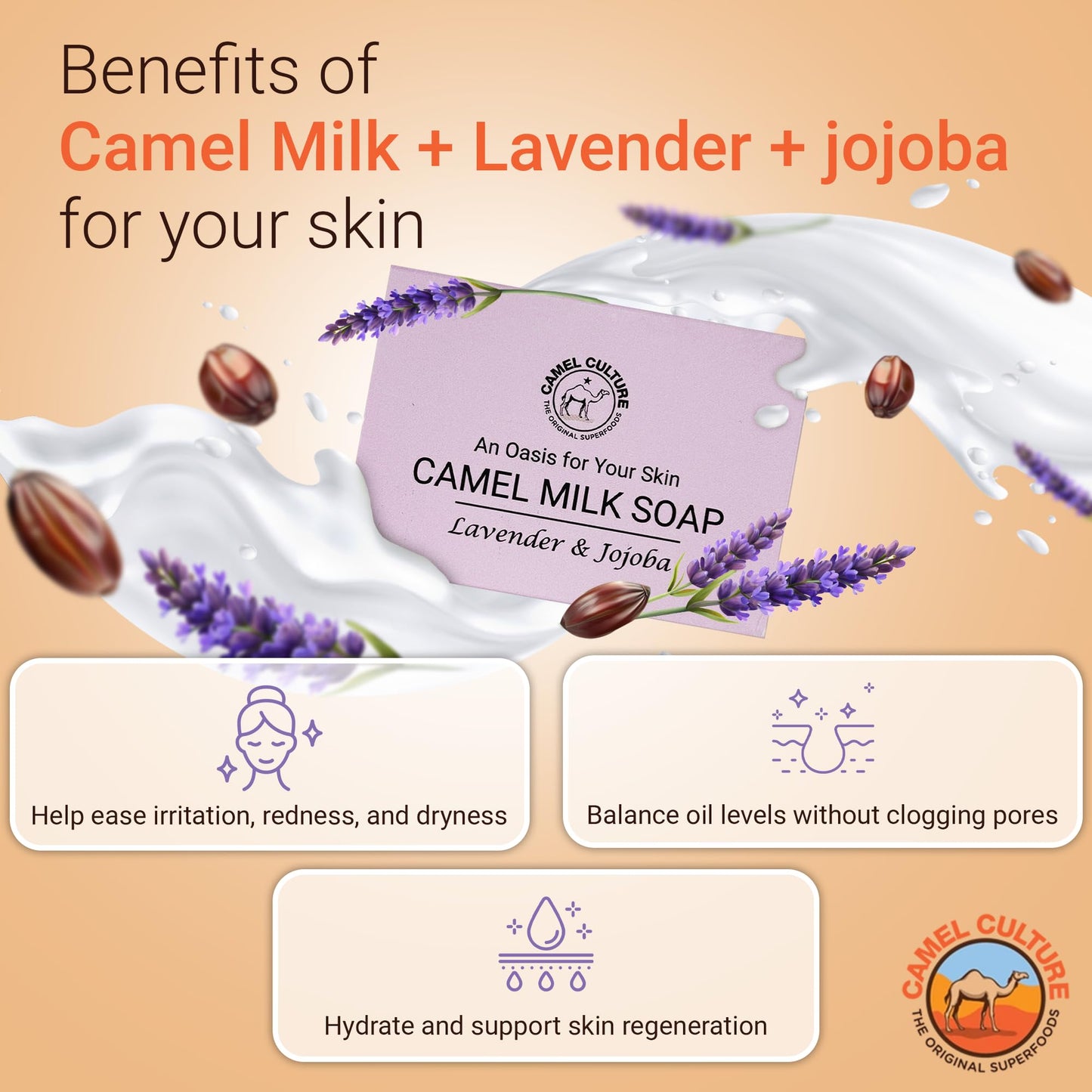 CAMEL CULTURE Jojoba and Lavender Bar Soap (3 Pack) - Handcrafted, Moisturizing Camel Milk Soap - Nourishing, Nutrient and Vitamin Rich Men's Body Beauty & Personal Care CAMEL CULTURE