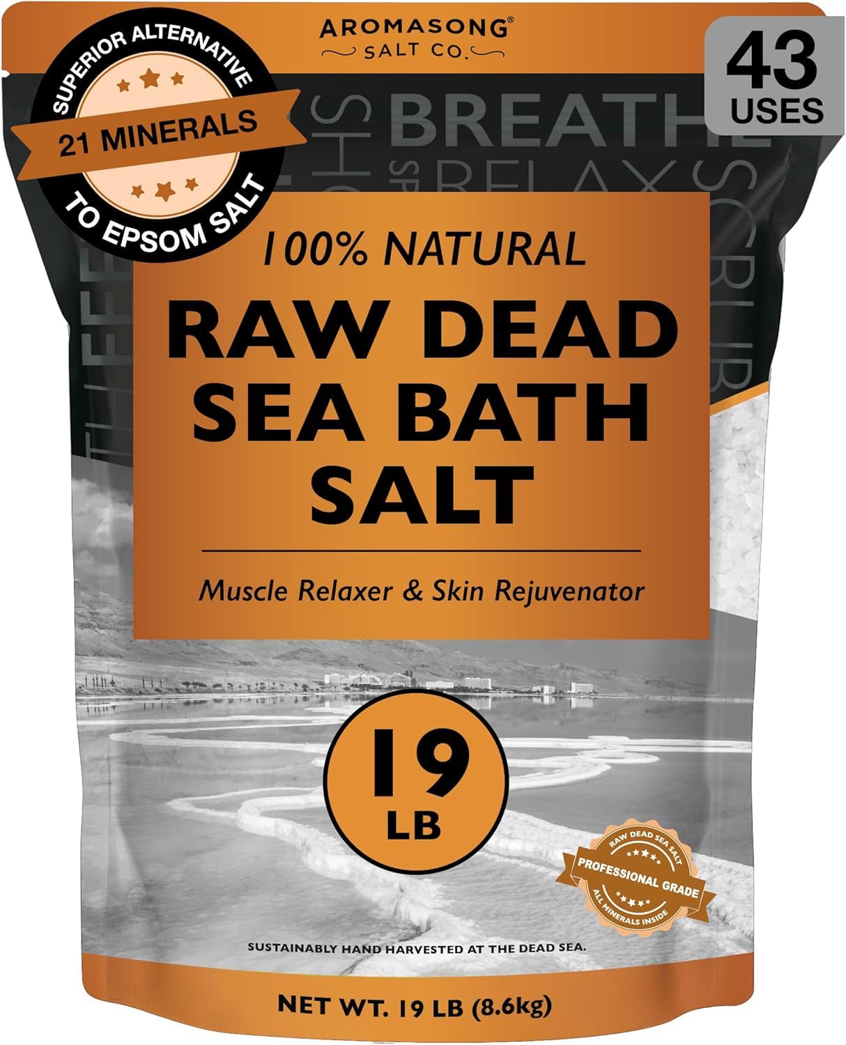 Raw Dead Sea Salt Not Cleaned - 38 Lbs. Fine Medium Grain Large 2 Pack Bulk Resealable Bags - Still Contains All Dead Sea Minerals Including Dead Sea Beauty and Personal Care Aromasong