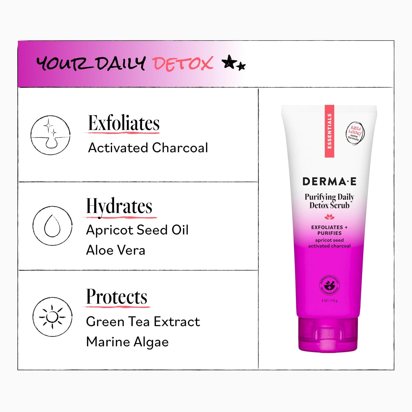 DERMA E Purifying Daily Facial Detox Scrub with Activated Charcoal and Seaweed Extract -Exfoliating Face Scrub Cleanses, Smooths and Brightens, 4oz Beauty & Personal Care Derma E