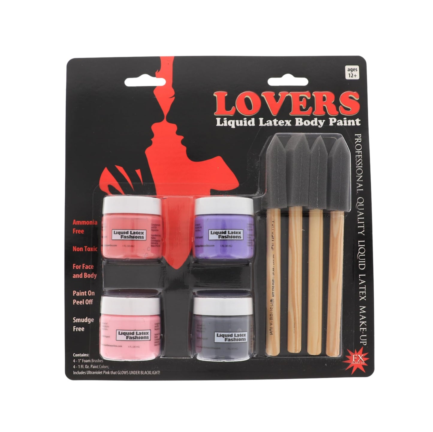 Lovers Liquid Latex Body Paint, Four 1 Ounce Bottles, Red, Pink, Purple, and Black, Four Brushes, Professional Quality, For Face and Body Beauty & Personal Care Liquid Latex Fashions