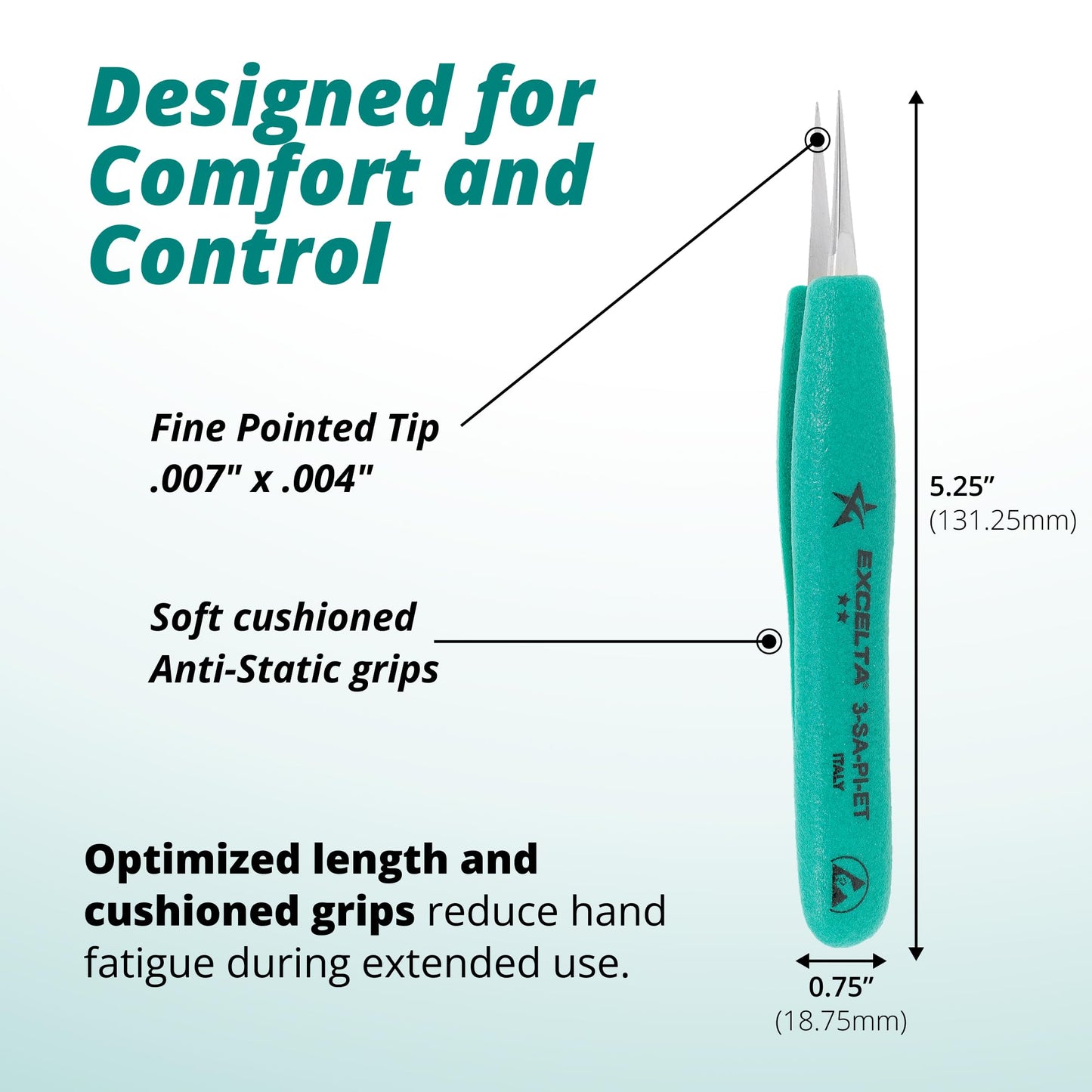Excelta Ergo-Tweeze 3-SA-PI-ET Precision Tweezers, Straight Very Fine Tip, ESD Safe TealShield Grips, Anti-Magnetic 316L Neverust Stainless Steel Beauty and Personal Care Excelta
