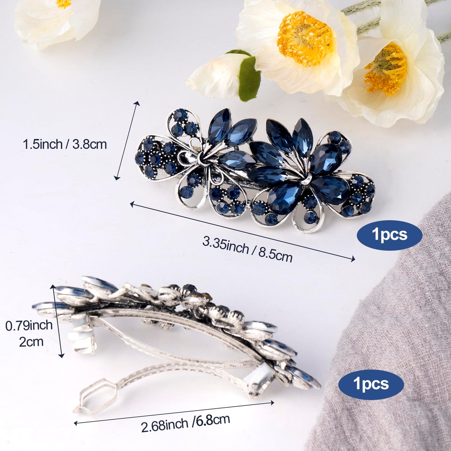 CustomyLife 2pcs 3.35inch Vintage Crystal Hair Barrettes, Sapphire Blue Bun Updo Hair Clips, Sparkly Rhinestone French Wedding Prom Formal Hair Beauty & Personal Care CustomyLife