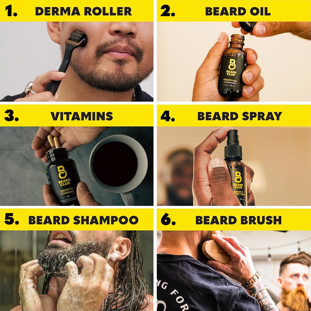 The Beard Club Advanced Beard Growth Kit - Derma Roller, Growth Oil, Vitamins and Vitamin Spray, Shampoo and Boar Bristle Brush - Gift Set - Cedar Beauty and Personal Care The Beard Club