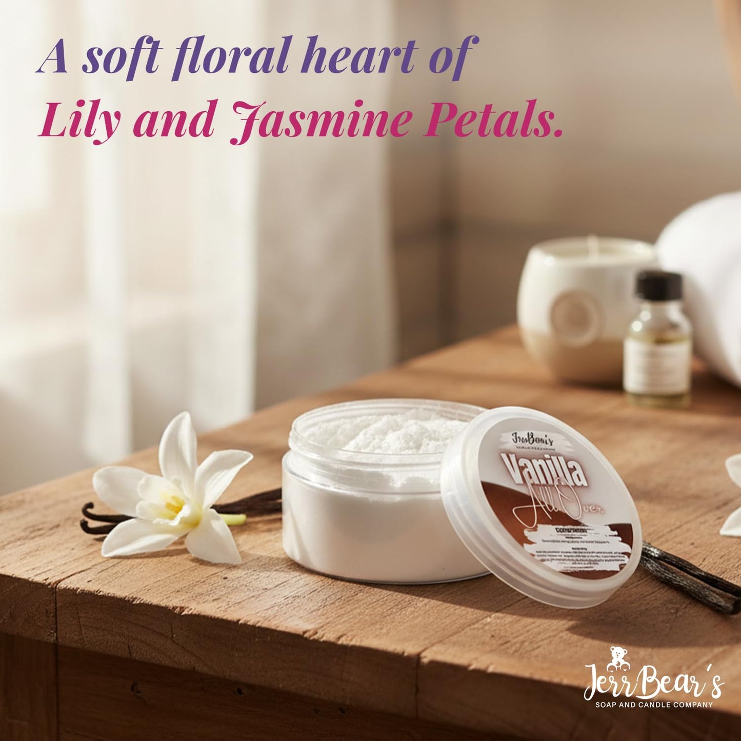 JerrBear’s Vanilla All Over Dusting Powder, Talc Free Body Formula for Women, Soft Scented Skin Care, Gentle Powder for Daily Freshness, (4oz Jar) Beauty & Personal Care JerrBear’s