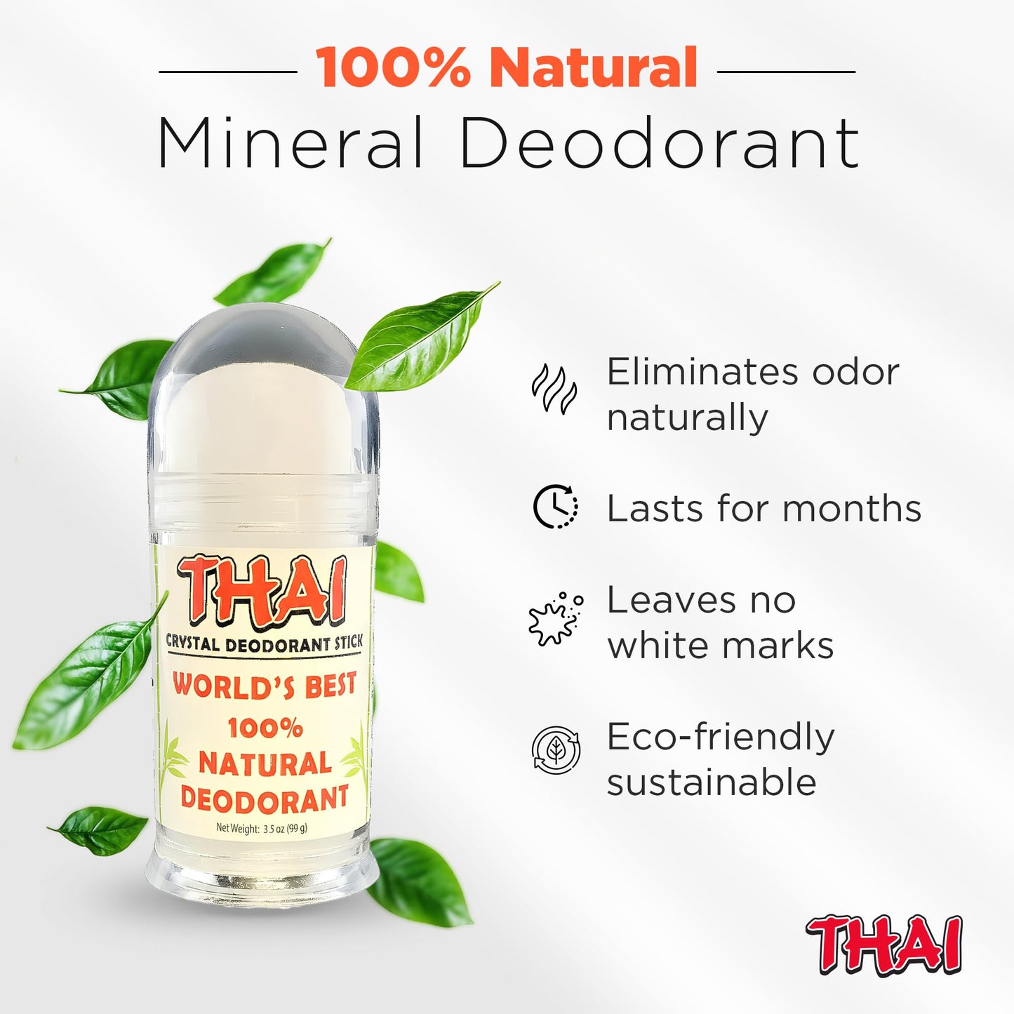 Thai Crystal Deodorant Stick - Natural Mineral Salt Potassium Alum Stone - Unscented, Aluminum Free, Hypoallergenic Deodorant for Women & Men - Thai Beauty and Personal Care Thai Deodorant Stone