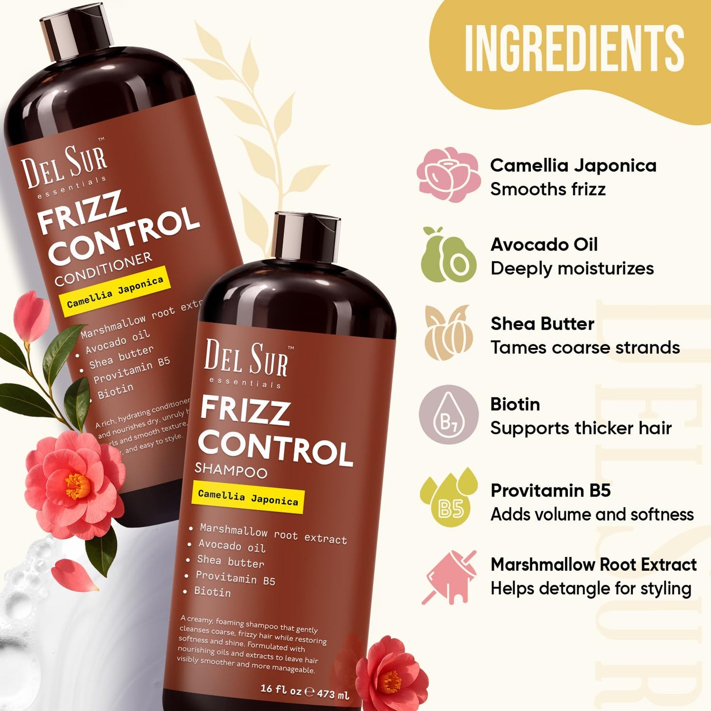 DEL SUR Frizz Control Shampoo and Conditioner Set | 16 fl oz Each | with Camellia Japonica, Shea Butter & Avocado Oil | Smoothing & Anti Frizz Beauty & Personal Care DEL SUR