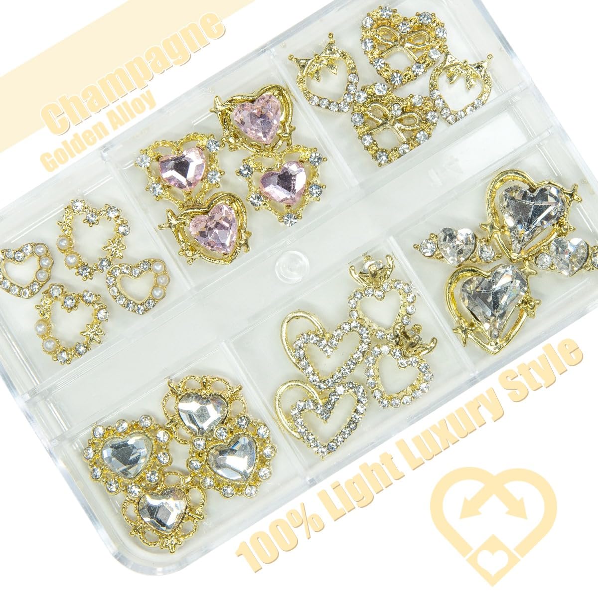 24pcs Heart Nail Charms Luxury Alloy Charms for Nails, qiipii 12 Pair 3D Gold Nail Art Rhinestones Nail Gems Golden Nail Crystal Diamonds Jewelry