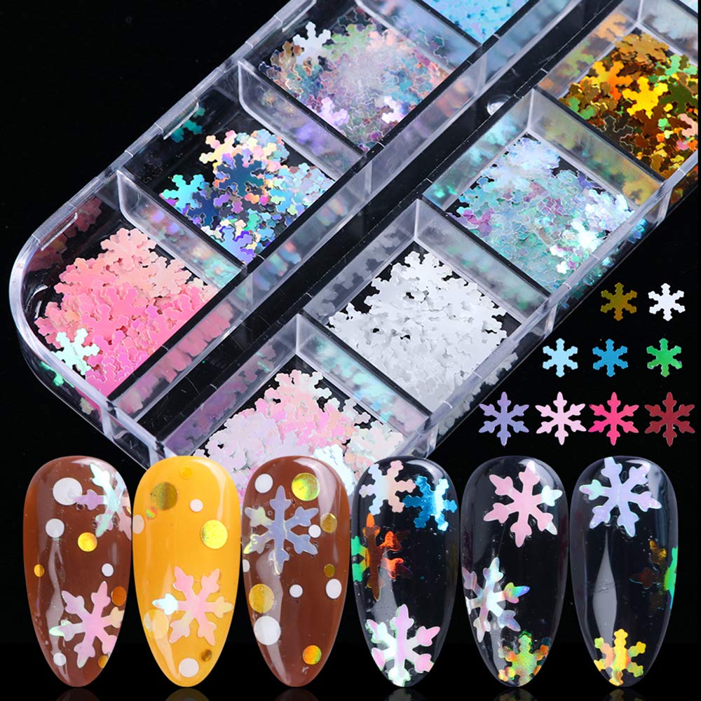 Snowflake Glitter Nail Sequins - 12 Grids 3D Colorful Christmas Holographic Nail Flakes Glitter Confetti Sticker Decals Manicure Nail Design Makeup Beauty & Personal Care Qdsuh