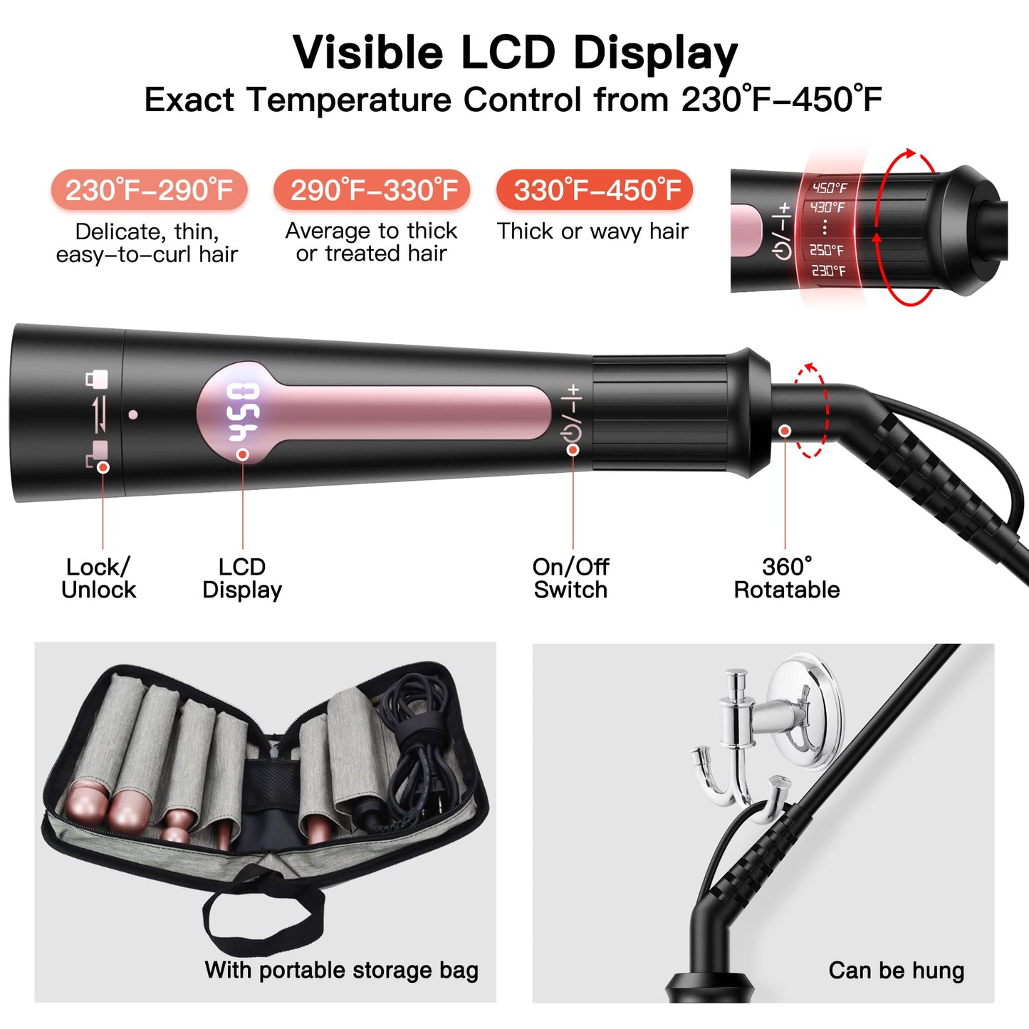 USHOW Curling Iron, Curling Wand Set, Instant Heat Up Hair Curler with Interchangeable Tourmaline Ceramic Barrels (0.5" to 1.25"), Adjustable Beauty & Personal Care USHOW