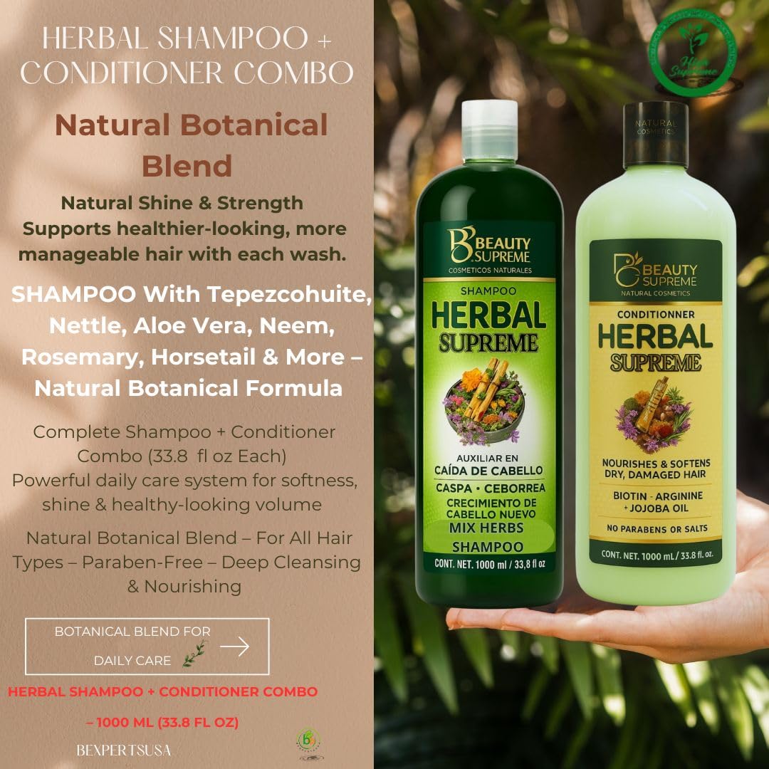 Herbal Shampoo + Conditioner Combo,1000 ml(33.8 fl oz)Each-W/Tepezcohuite,Nettle, Aloe Vera (Sábila),Neem, Rosemary,Horsetail & More-Natural Botanical Beauty & Personal Care HIGH SUPREME