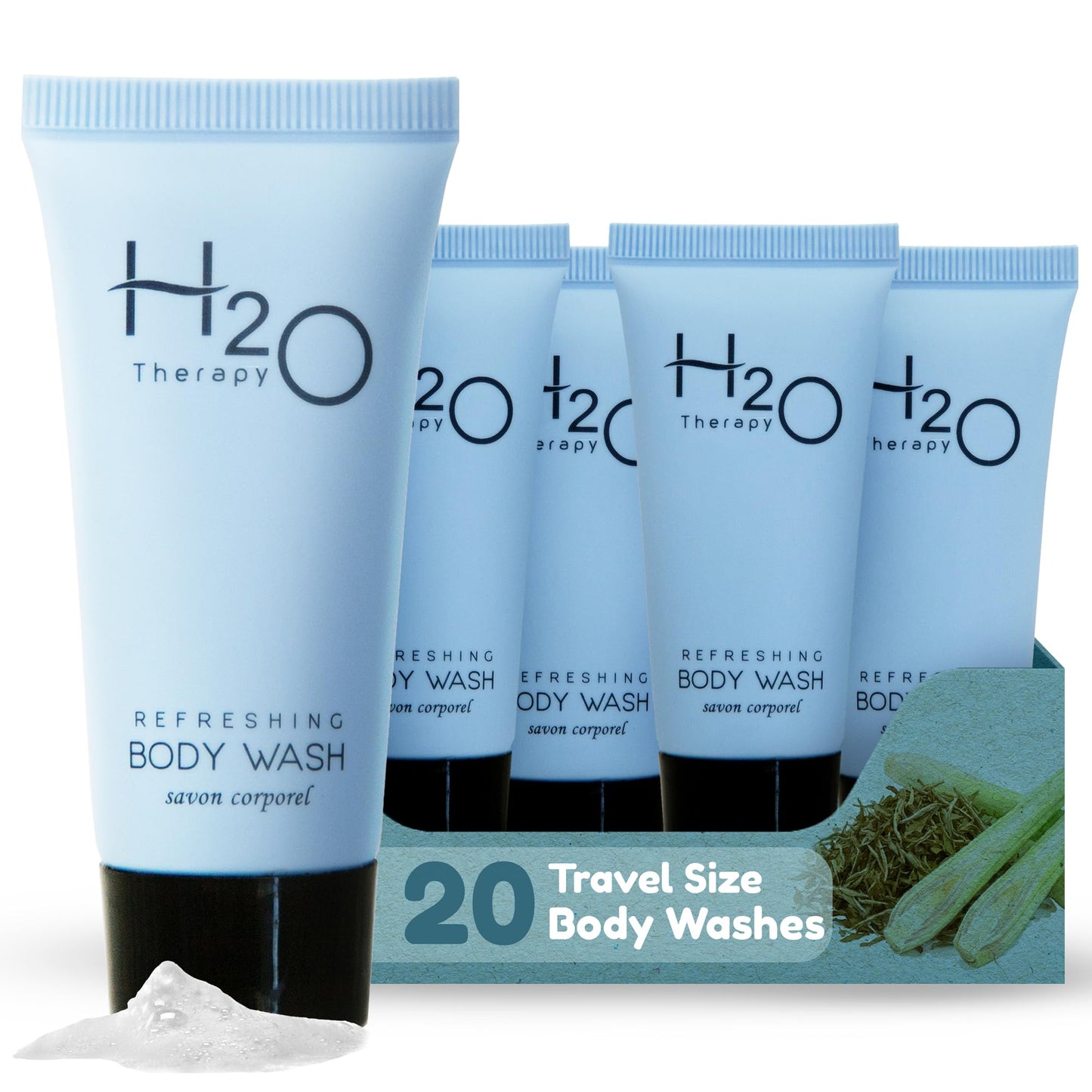 Travel Size Hotel Body Wash 20 Count 0.85 oz Bottles Guest Amenities for Hotels Vacation Rentals and Short Term Rentals Paraben Free Green Tea Scent Beauty & Personal Care H2O Therapy