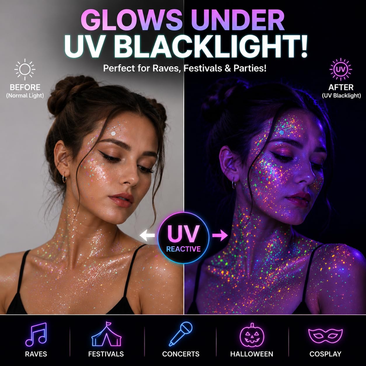FindinBeauty 12 Colors Glow in the Dark Glitter Gel, UV Blacklight Reactive Face & Body Glitter, No Glue Needed, Cosmetic Grade for Eyes, Hair Beauty & Personal Care FindinBeauty