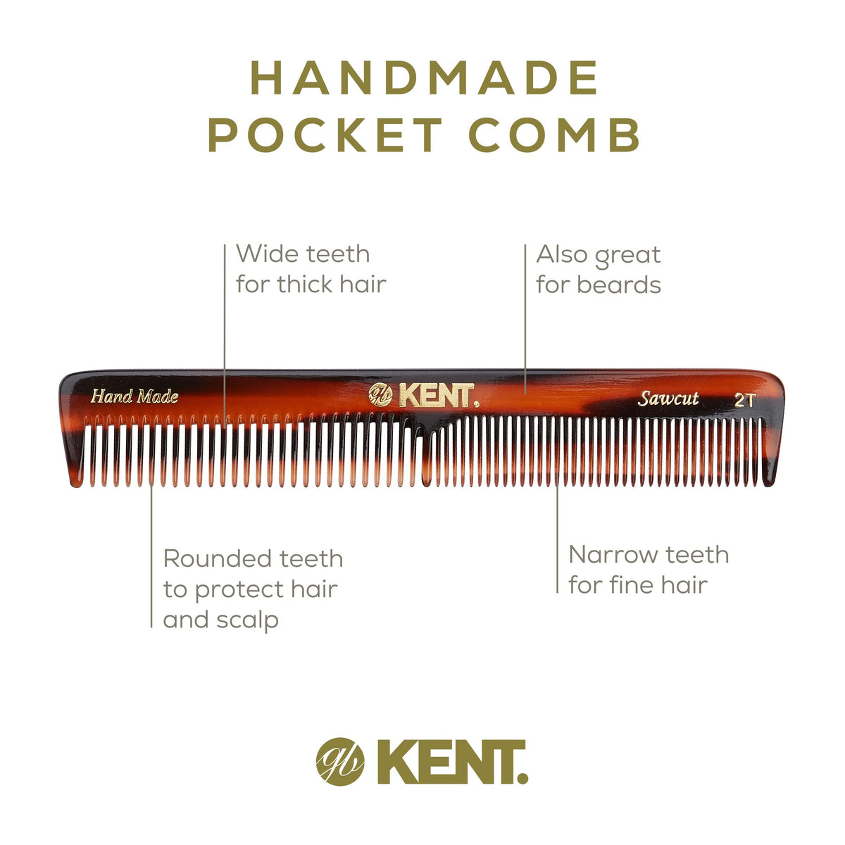 Kent 2T Fine and Wide Tooth Comb For Men, for Small Beard and Mustache, Daily Hair Styling and Mens Grooming Comb, All Hair Types, Handmade Sawcut and