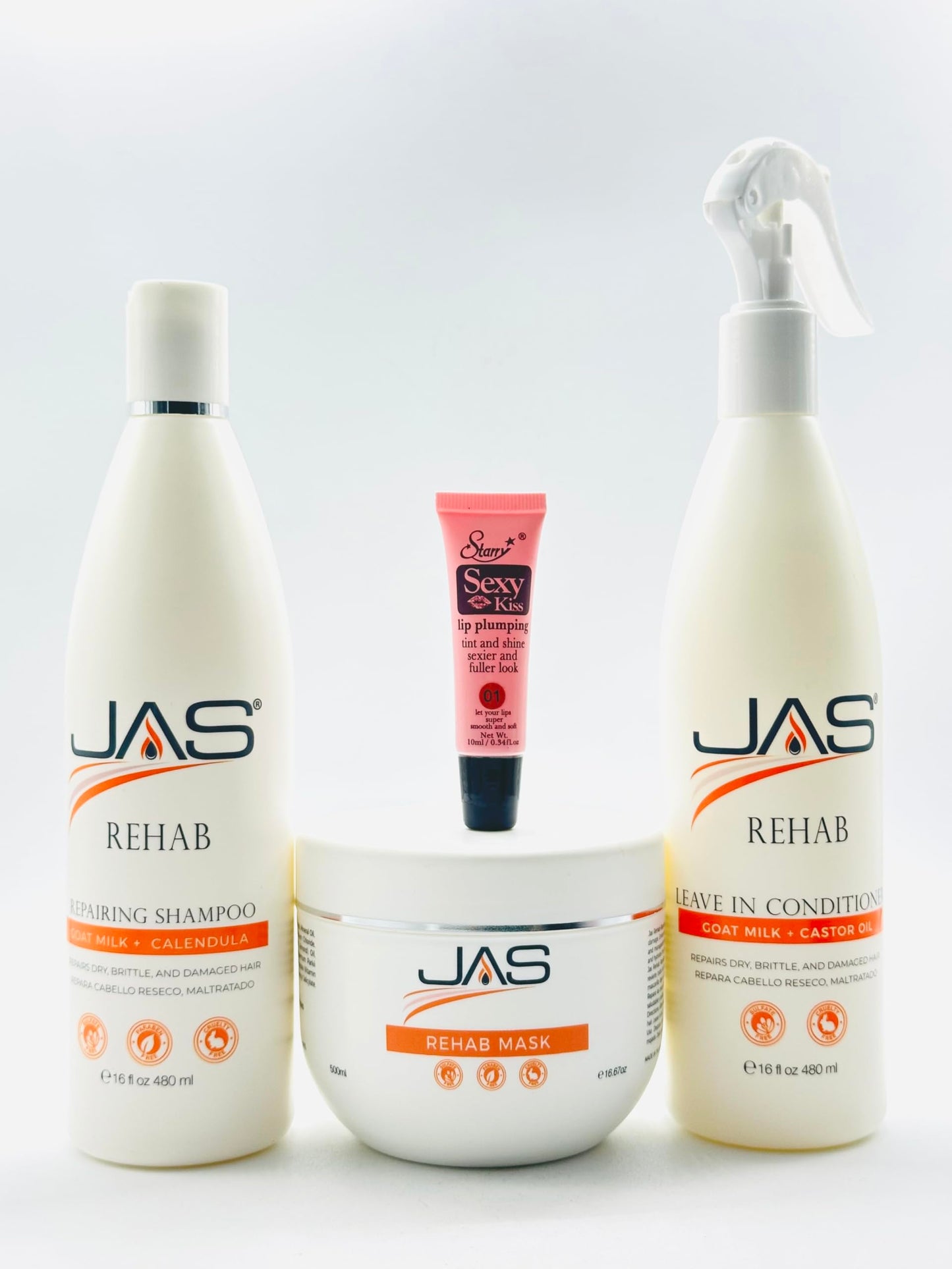 JAS Rehab Repairing Goat Milk + Calendula Shampoo 16 Fl Oz, Rehab Mask16 Fl Oz, Leave in Conditioner 16 Fl Oz -Free Starry Lip Plumping 10 Ml Beauty & Personal Care JAS Systems