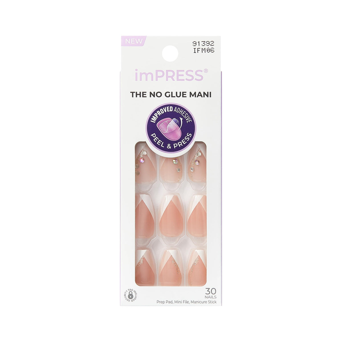 Kiss Impress No Glue Mani Press On Nails, French, 'Glimpse', White, Medium Size, Coffin Shape, Includes 30 Nails, Prep Pad, 1 Manicure Stick, 1 Mini