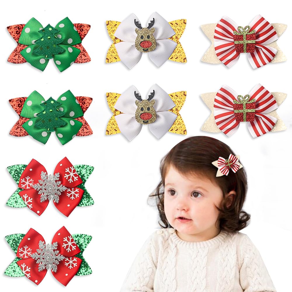 ALIBBON 8 Pcs Christmas Hair Bows for Girls, Glittering Christmas Tree Snowflake Hair Clips for Woman, Reindeer Hairpins for Kids, Christmas Hair Beauty & Personal Care ALIBBON
