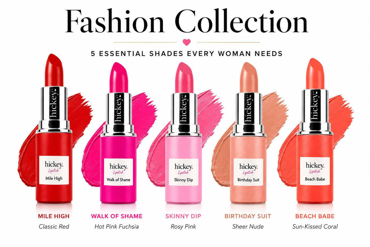 Hickey Lipstick Fashion Week Collection, 5 Piece Refill Set (Mile High, Birthday Suit, Walk of Shame, Beach Babe, Skinny Dip), Long Lasting Hydrating Beauty & Personal Care Hickey
