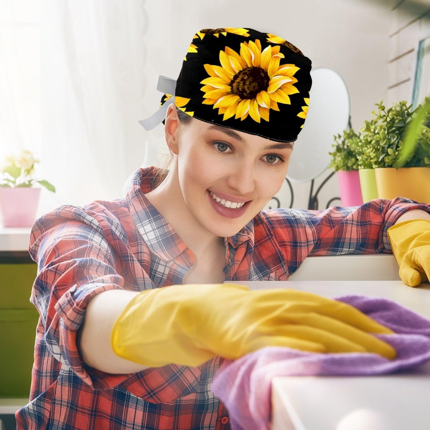 2 Pcs Adjustable Working Caps with Button, Yellow Sunflower Black Bouffant Ponytail Scrub Caps Women Long Hair Beauty and Personal Care Anna Cowper