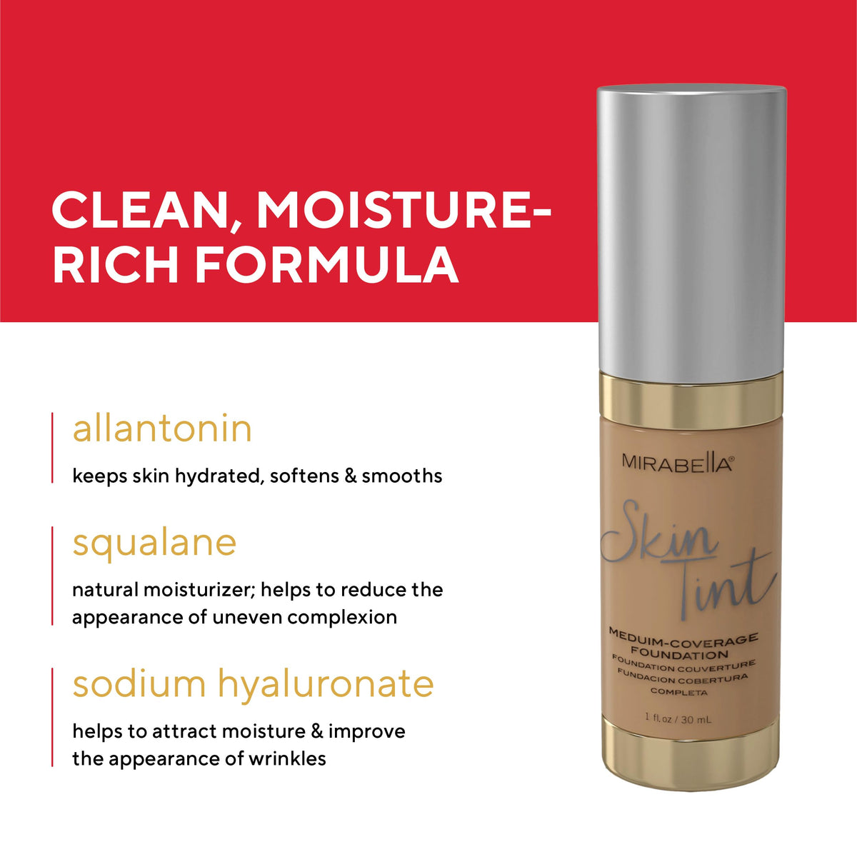 Mirabella Skin Tint Creme Liquid Foundation Makeup, Oil-Free Mineral Foundation for Medium Coverage - w/Hyaluronic Acid, Squalane, & Allantoin for All