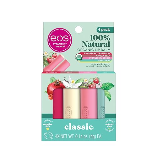 eos 100% Natural & Organic Lip Balm Sticks- Strawberry Sorbet, Vanilla Bean, Sweet Mint & Pomegranate Raspberry, Lip Care Products, 0.14 oz, 4-Pack Beauty & Personal Care eos