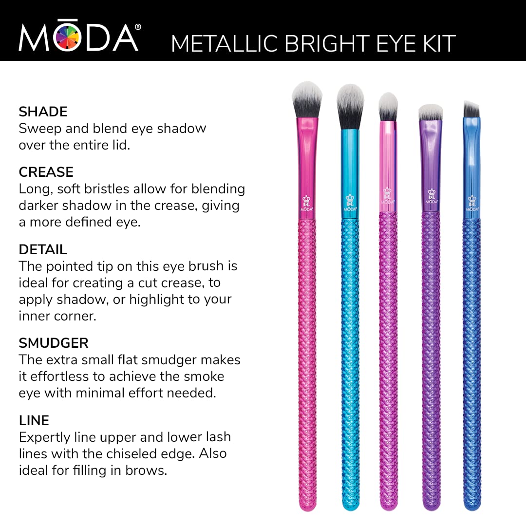 MODA Pro 5pc Deluxe Eye Makeup Brush Kit, Includes - Shader, Crease, Detail, Smudger, and Liner Brushes (Multi-Colored Metallic) Beauty & Personal Care MODA