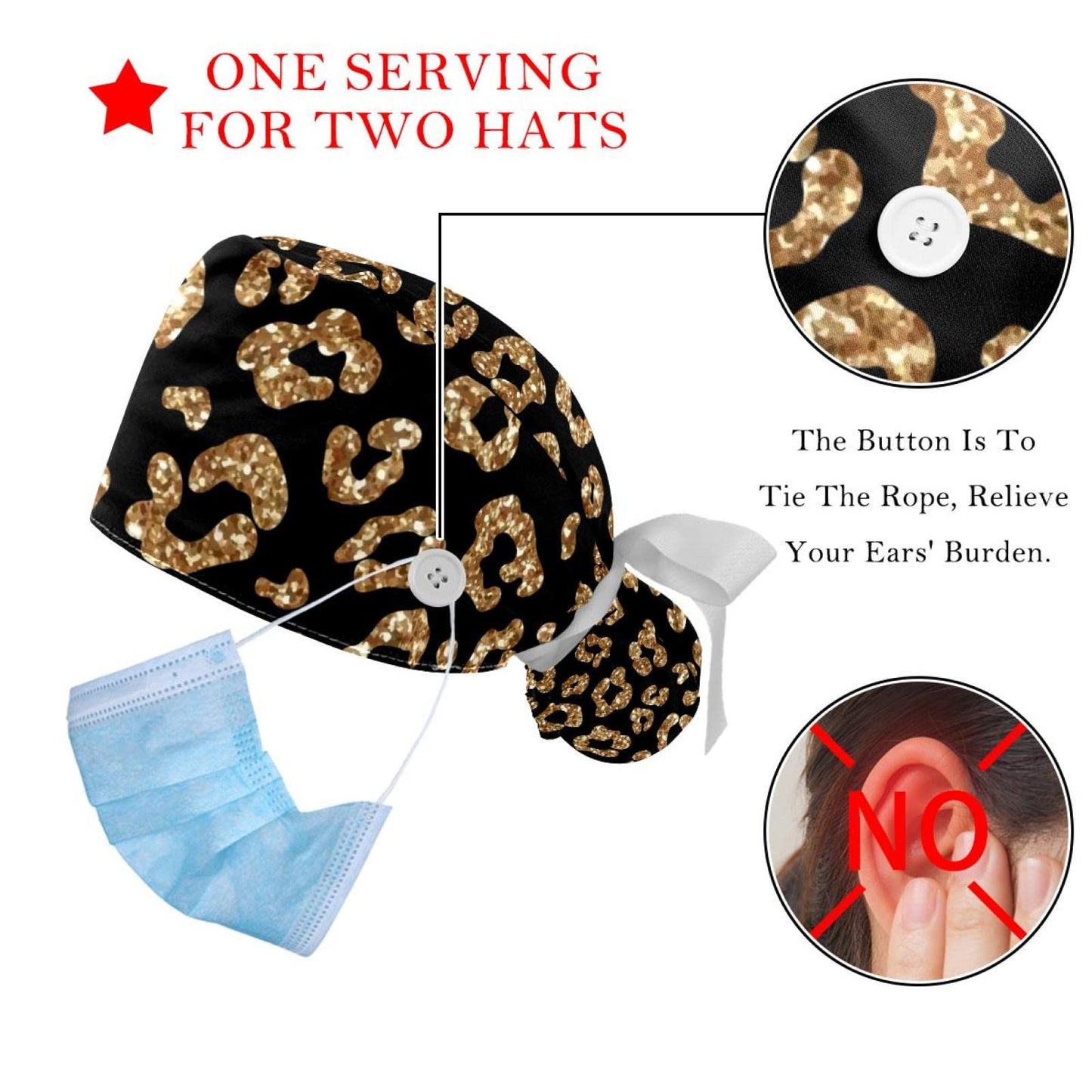 Anna Cowper 2 PCS Bouffant Cap with Button Ponytail Pouch Working Cap Sweatband Adjustable Surgical Cap Gold Glitter Leopard Beauty and Personal Care Anna Cowper