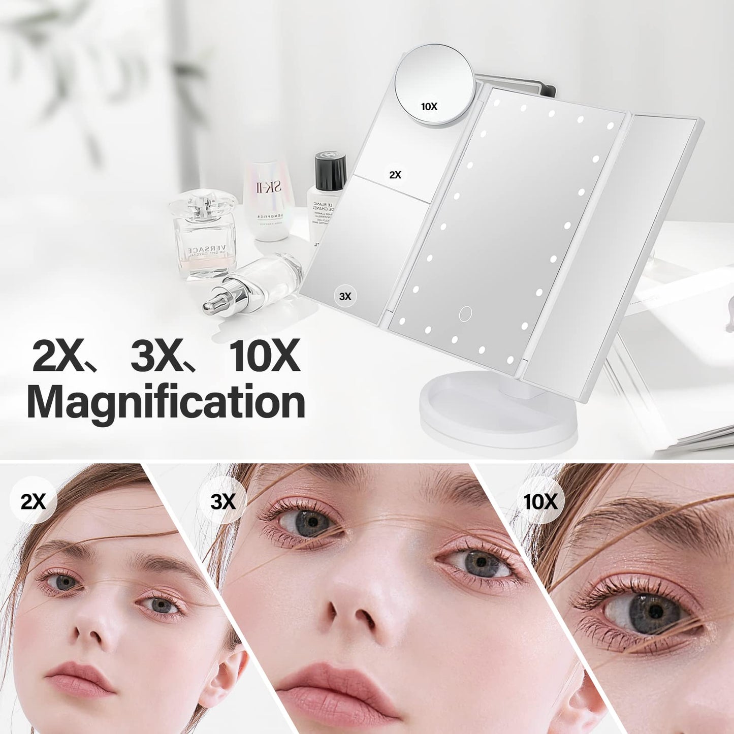 DenCert Makeup Mirror Vanity Mirror with Lights 1X 2X 3X 10X Magnification, Lighted Makeup Mirror, Touch Control, Tri-Fold Portable LED Makeup Vanity Beauty & Personal Care DenCert