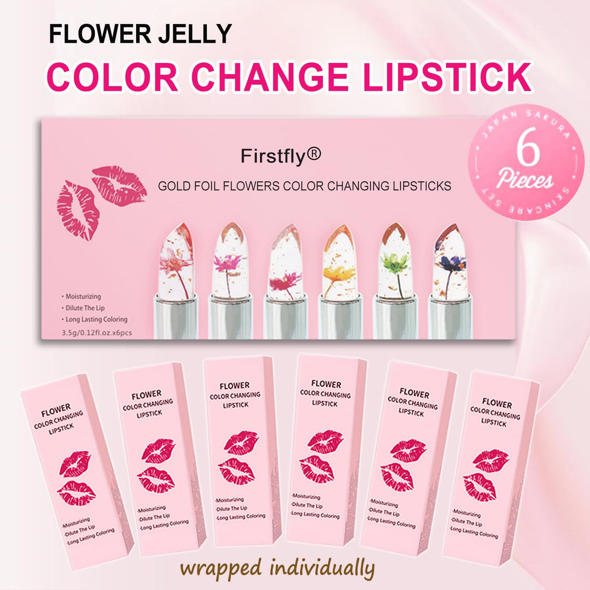firstfly Pack of 6 Crystal Flower Jelly Lipstick, Long Lasting Nutritious Lip Balm Lips Moisturizer Magic Temperature Color Change Lip Gloss (Pink) Beauty & Personal Care firstfly