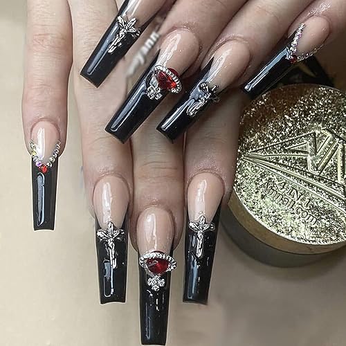 MISUD Press on Nails - Long Coffin Glue on Nails with Goth Black, Acrylic Gothic Cross Design 24 pcs Beauty & Personal Care MISUD
