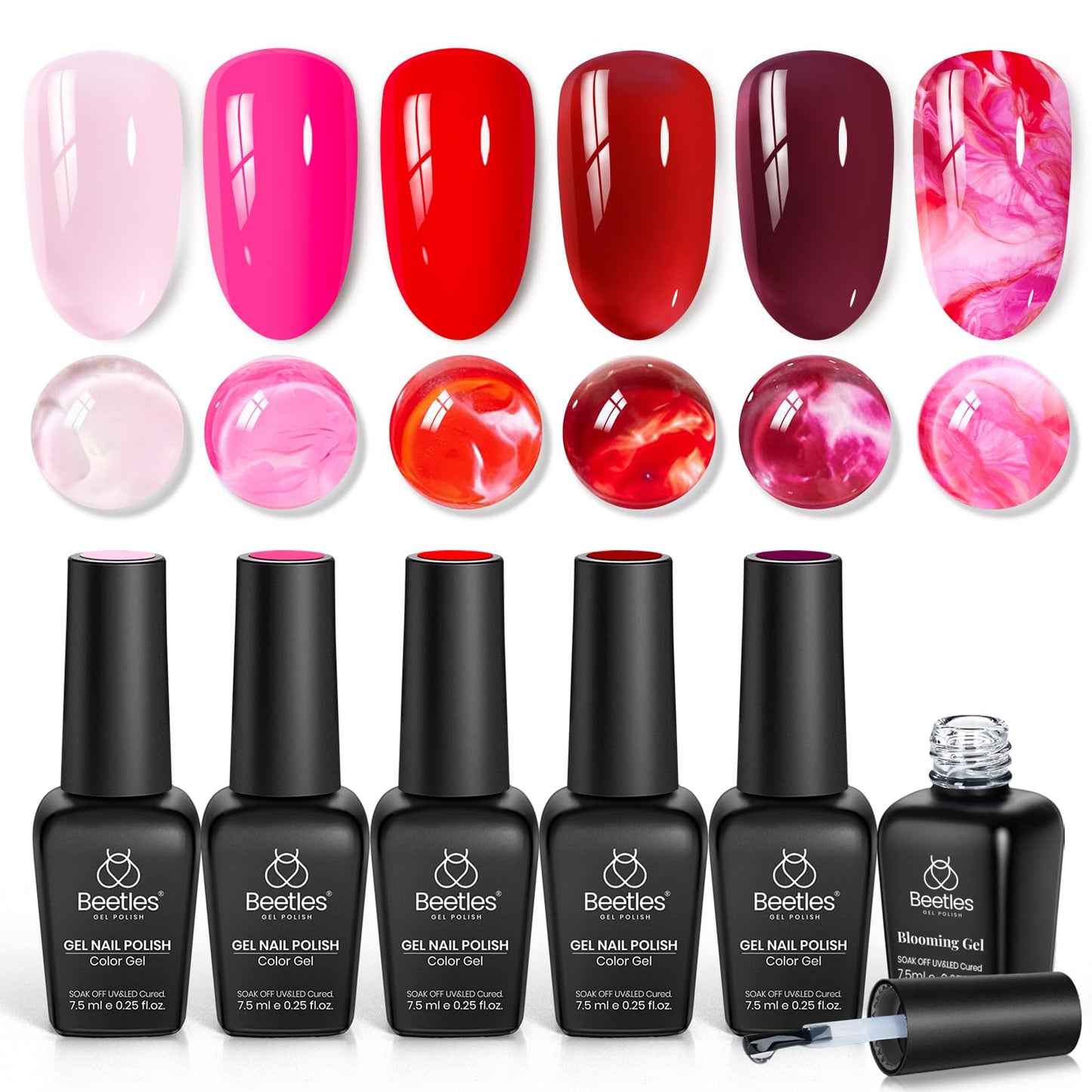 Beetles Blooming Gel Nail Polish Set, 6 Colors Red Pink Wine Jelly Gel Polish Kit, Cupid’s Crush Soak Off UV Gel for Aura Ombre Marble Nail Art DIY Beauty and Personal Care beetles Gel Polish