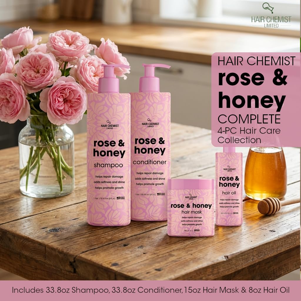 Hair Chemist Rose & Honey Ultimate 4-Piece Hair Care Collection - Includes 33.8oz Shampoo, 33.8oz Conditioner, 15oz Hair Mask & 8oz Hair Oil Beauty & Personal Care Hair Chemist