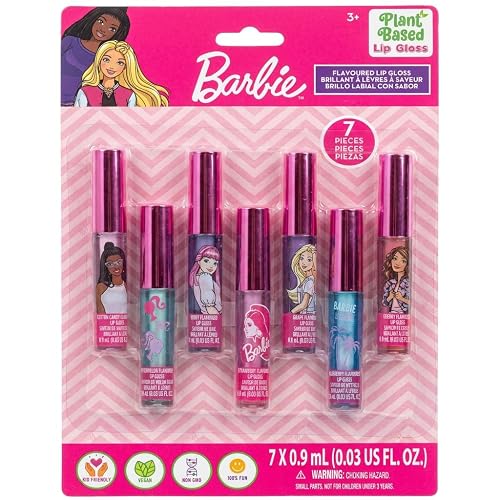 Barbie 7 Piece Plant Based Lip Gloss, Girls Party Favors, First Makeup Set for Girl, Perfect for Parties, Sleepovers, and Birthday Gifts, Ages 3+, by Beauty & Personal Care Townley Girl