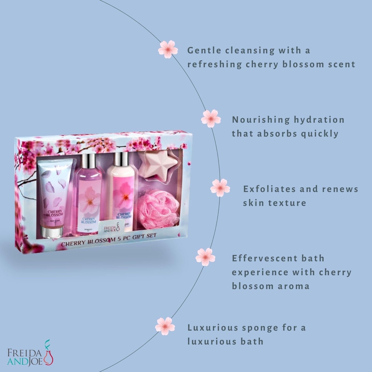 Fragrance Bath & Body Collection Gift Box, Includes Shower Gel, Body Lotion, Body Scrub, Bath Bomb & Sponge (Blue Cherry Blossom) - Mother's Day Gift Beauty and Personal Care Freida and Joe