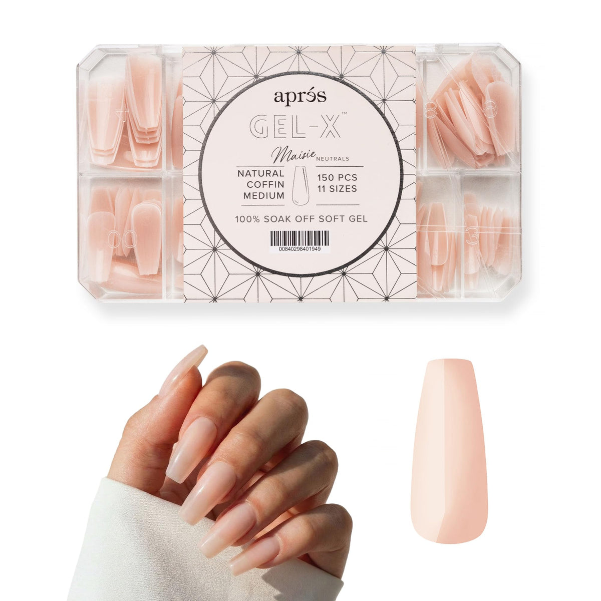 Apres Neutrals Gel-X Maisie Box Of Press On Nails, 11 Sizes 00-9, Soft Gel Nail Tip Box (150pcs) (Natural Coffin Medium, 150pcs)