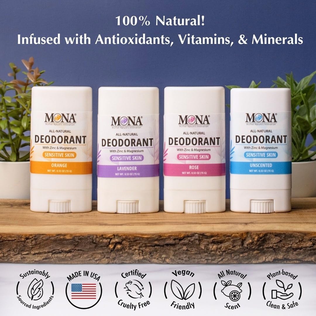 MONA Brands Natural Mini Deodorant for Women & Men, Travel Size 4-Pack, Aluminum & Baking Soda Free, Gentle for Sensitive Skin, Vegan Deodorant Beauty and Personal Care MONA