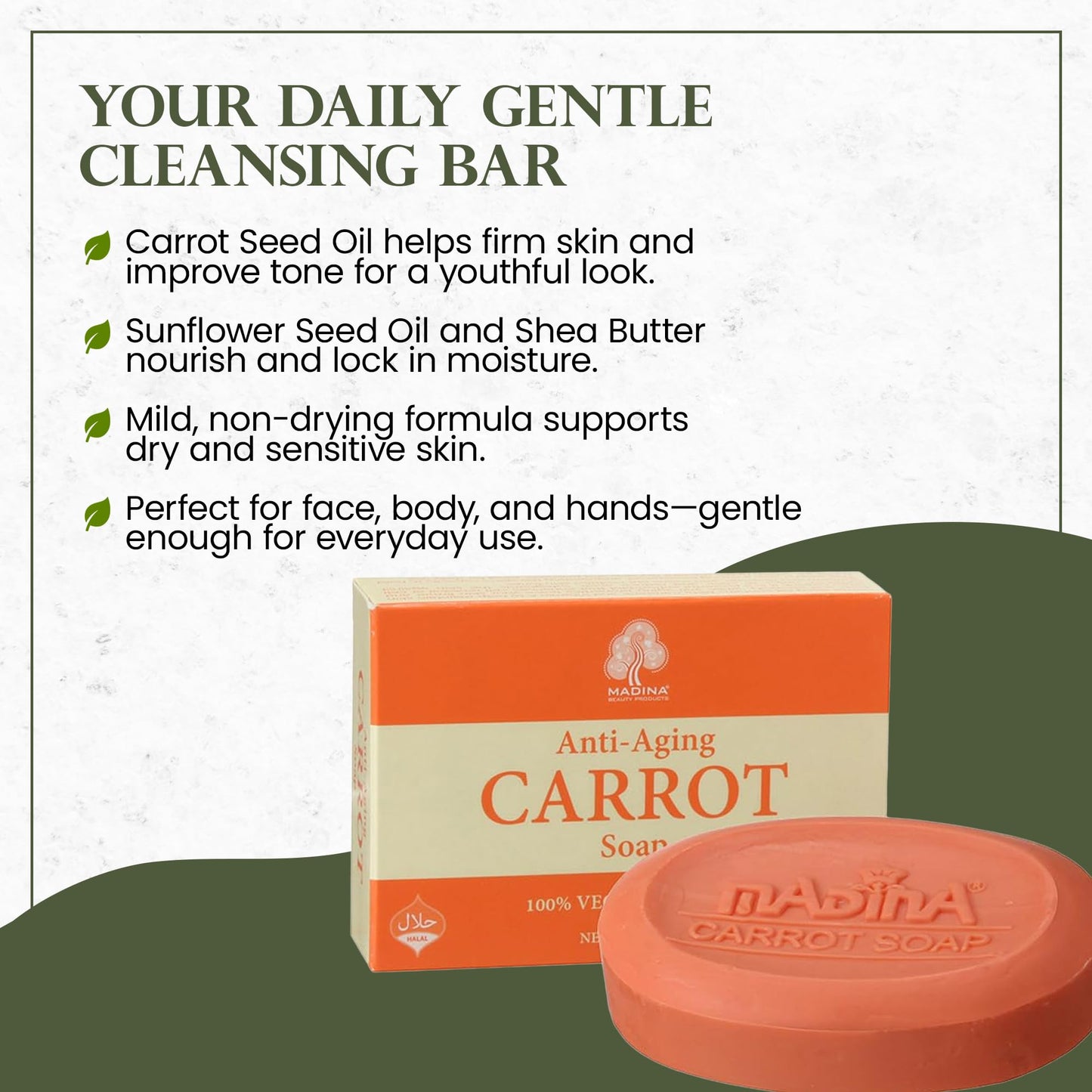 Madina Carrot Soap Bar - Carrot Seed Oil & Shea Butter, Moisturizing, Anti-Aging, Skin Tone & Elasticity, Vegetable-Based, Halal, Gentle Cleanser, 6 Beauty & Personal Care Madina