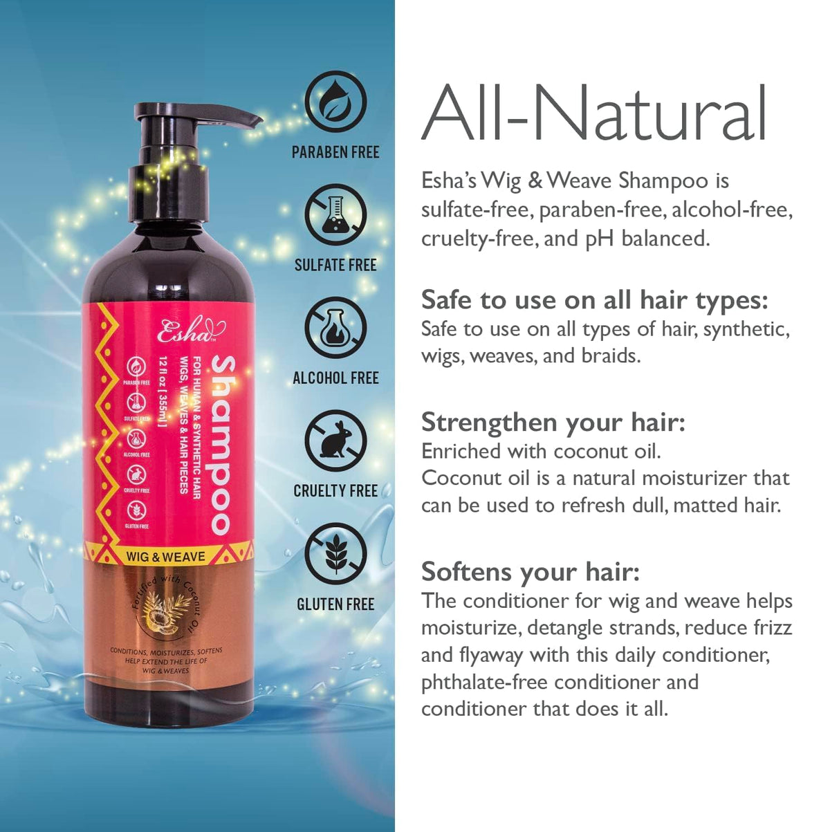 Esha Wig & Weave Revitalizing Shampoo - Human Hair & Synthetic Wigs, Weaves, Extensions & Braids I Coconut Oil Infused, Sulfate-Free I Restores