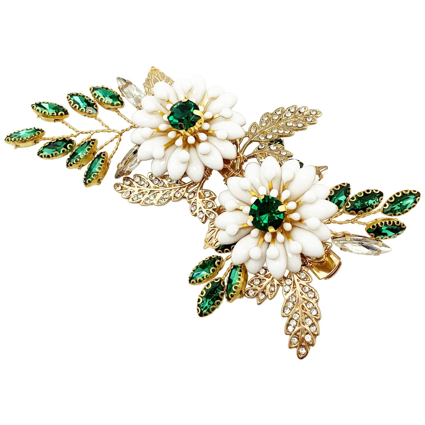 BETITETO Green Bridal Hair Clip White Enamel Flower Gold Leaf Crystal Wedding Hair Vine Piece Accessories for Women Girls (Green) Beauty & Personal Care BETITETO