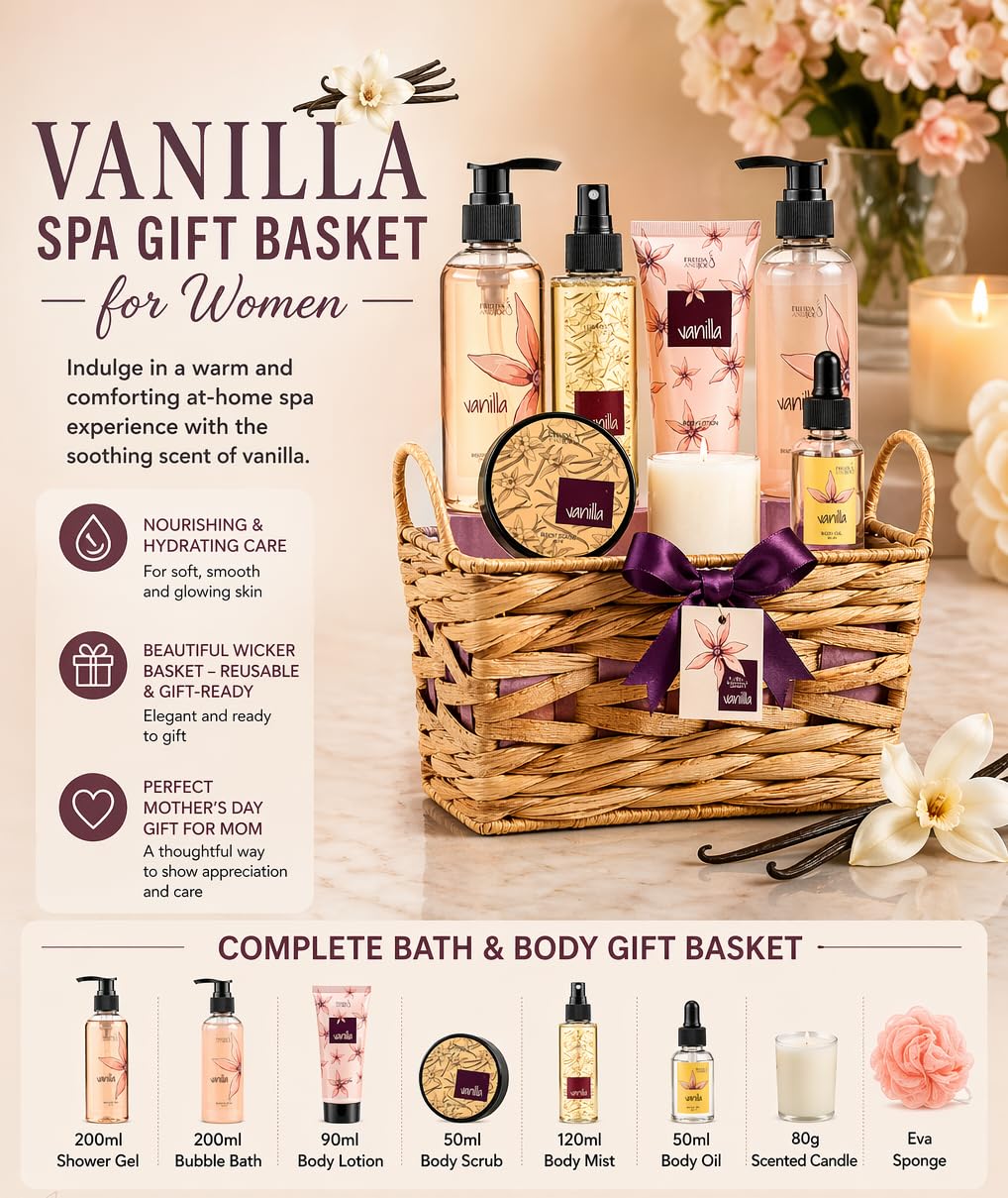 Vanilla Spa Gift Basket for Women - Mother’s Day Bath & Body Gift Set with Shower Gel, Bubble Bath, Body Lotion, Body Mist, Body Oil & Candle - Self Beauty and Personal Care Freida and Joe