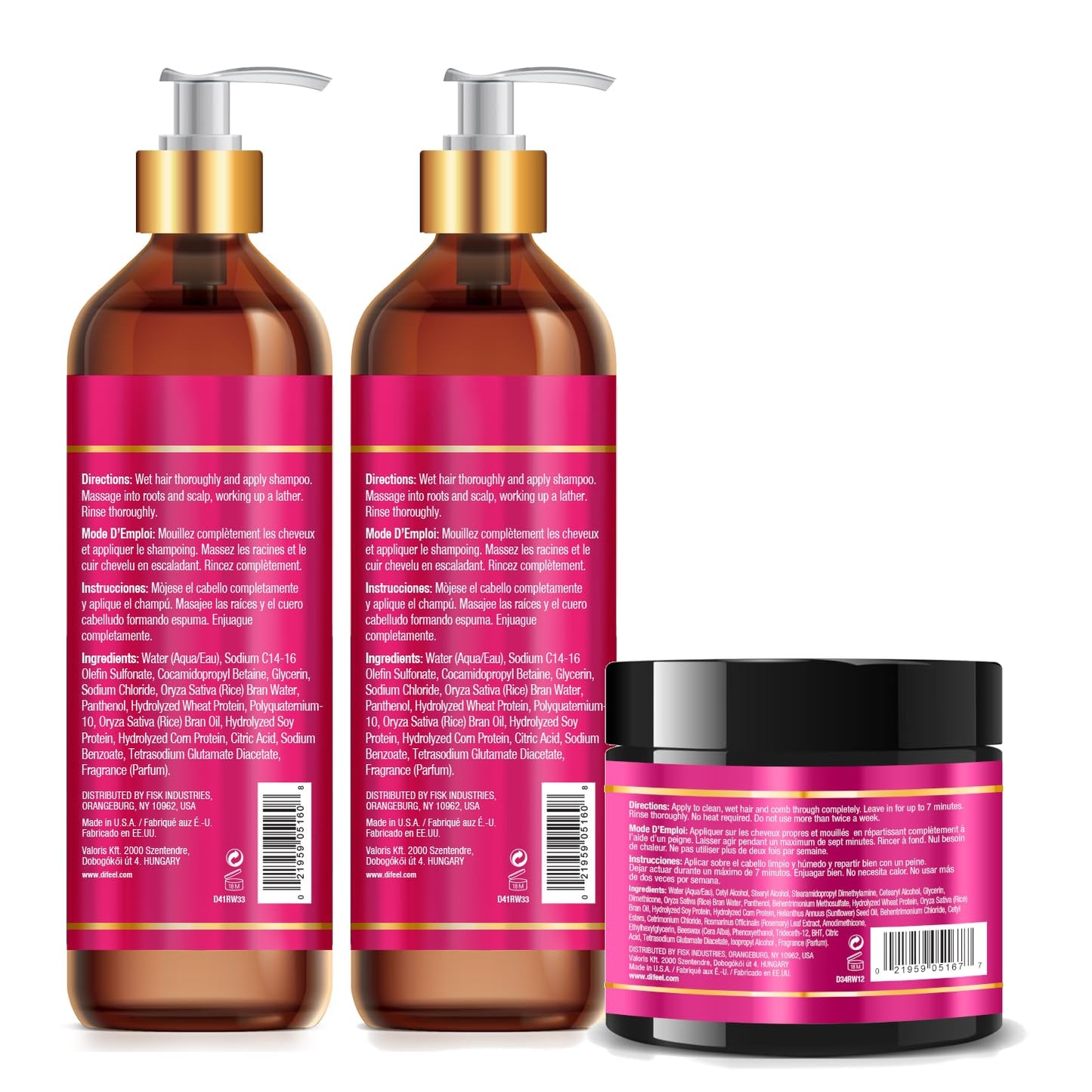 Difeel Rice Water Hair Care 3PC Shampoo & Conditioner & Hair Mask Set - Includes 33.8oz Shampoo, 33.8oz Conditioner, 12oz Hair Mask Beauty & Personal Care Difeel