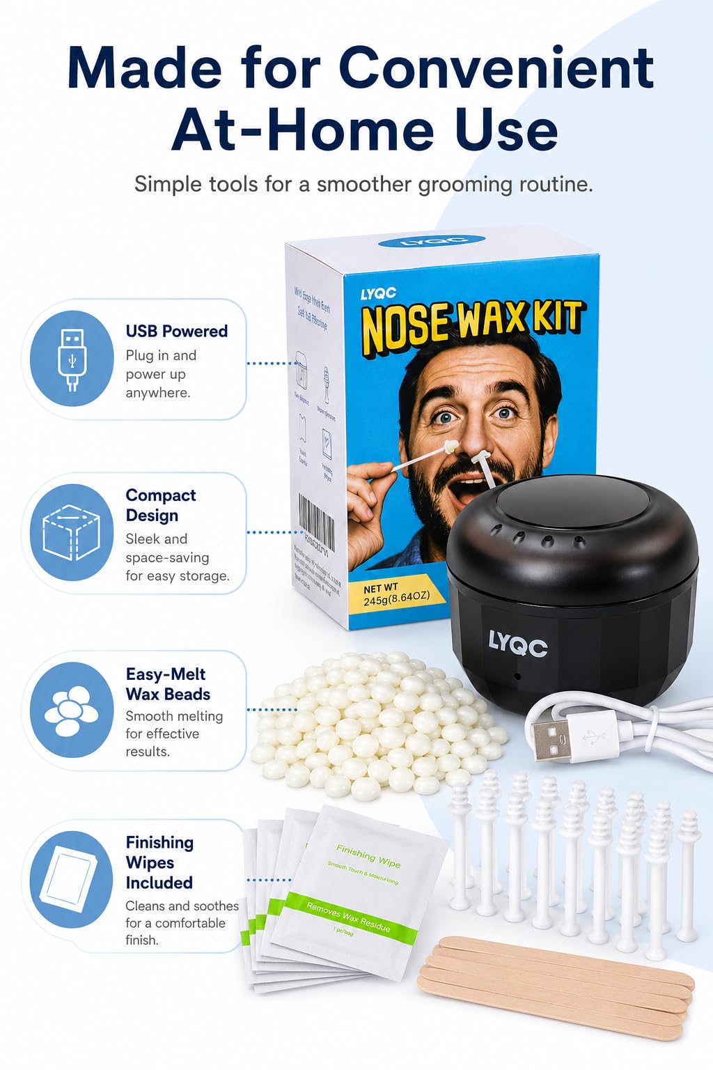 LYQC Nose Wax Kit Men, Mini Wax Warmer for Nose Eyebrow Ear Hair Removal, waxing kit with USB Fast Heat?including 100g Beads & 30 Sticks?Portable wax Beauty and Personal Care LYQC
