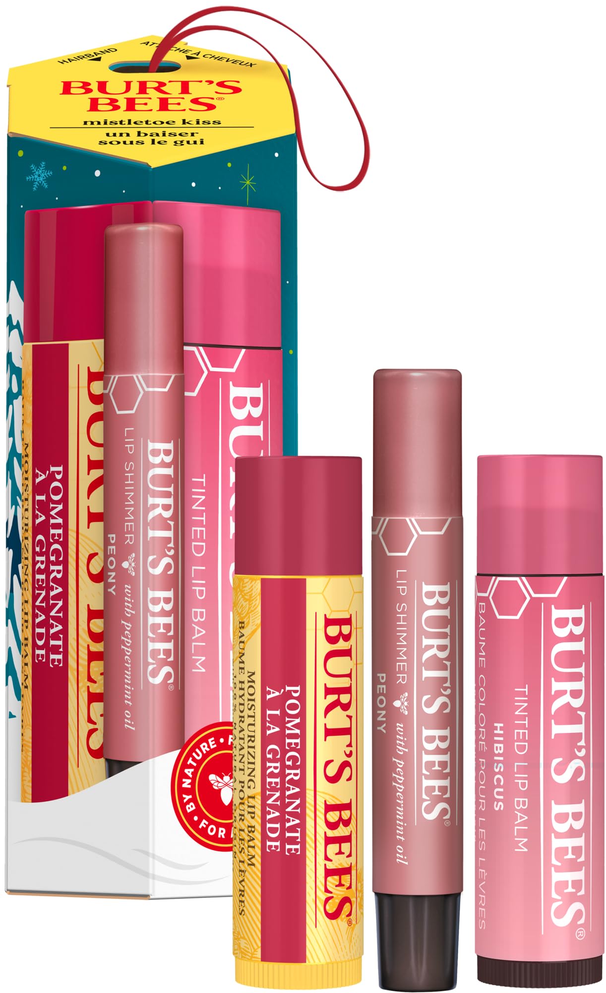 Burt's Bees Mistletoe Kiss Pink, Pomegrante, Peony, Hibiscus Lip Balm and Shimmer Holiday Collection Gift Set of 3-1 Count Beauty and Personal Care Burt's Bees