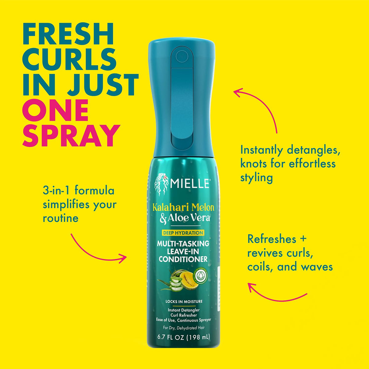 Mielle Organics Kalahari Melon & Aloe Vera Multi-Tasking Leave In Conditioner Spray - 3-in-1 Hair Detangler Spray, Curl Refresher & Moisturizer for
