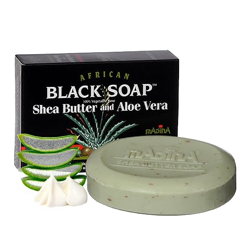 Madina African Black Soap Bar - Shea Butter, Aloe Vera, Moisturizing, Gentle Exfoliating, 100% Vegetable-Based, For All Skin Types, Face & Body Beauty & Personal Care Madina
