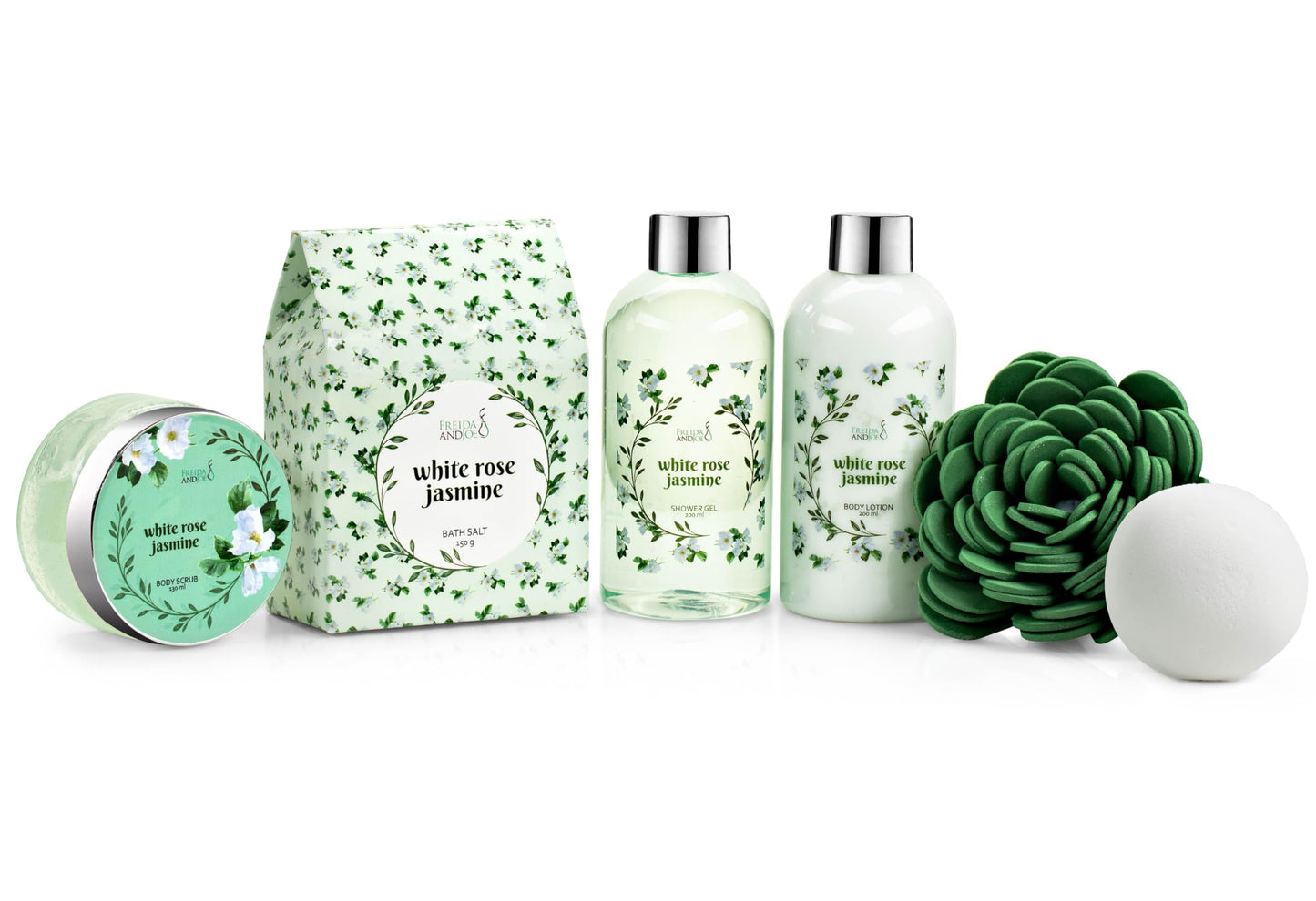 Deluxe White Rose Jasmine Spa Basket Home Spa Set with Shower Gel, Body Lotion, Bath Salts, Body Scrub, Bath Bomb and Bath Puff in Wooden Curio Gift Beauty and Personal Care Freida and Joe